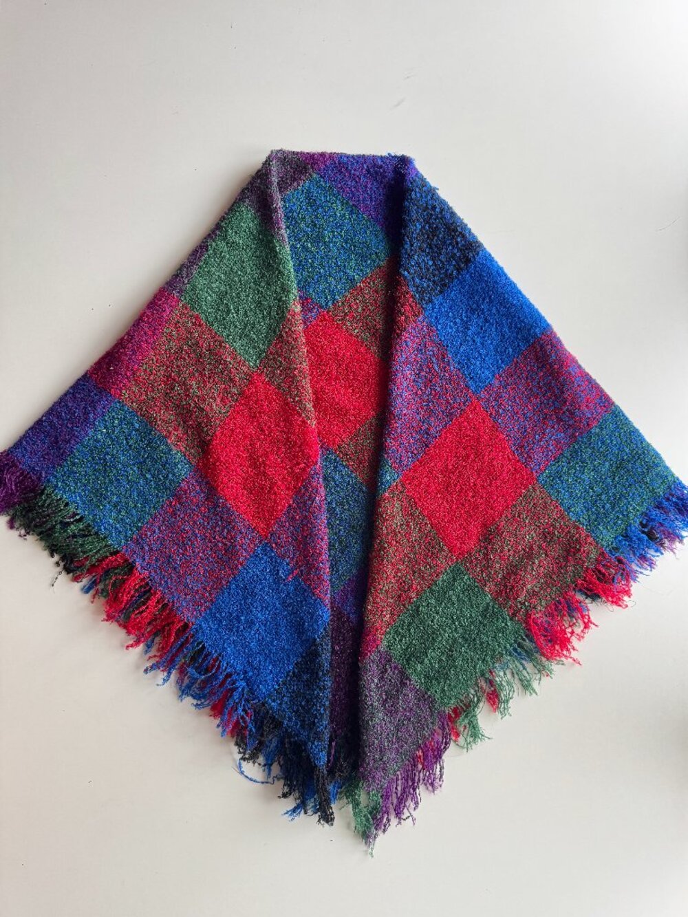 Vintage Blue Red Green Check Acrylic Boucle Knit Fringe Large Wrap Blanket Scarf